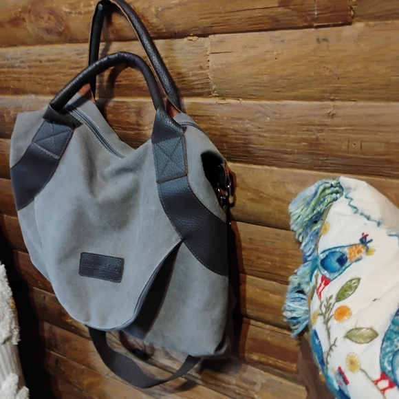Threaded Pear Canvas Tote Bag Weekend Getaway Carry On Multiple Pockets Grey - Picture 3 of 12